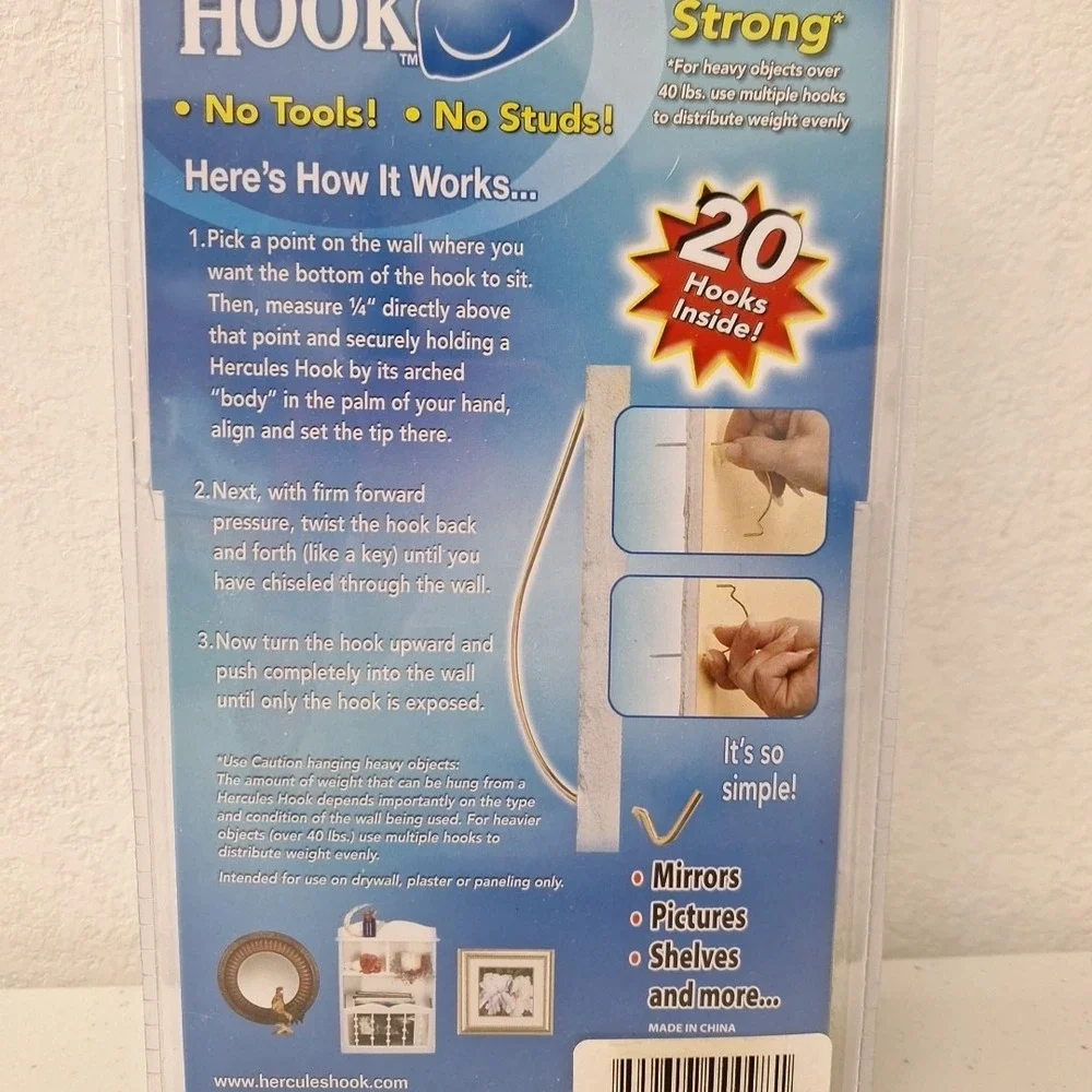NEW Sealed, Package of 20 Hercules Hooks Wall Picture Hangers BONUS Laser Marker